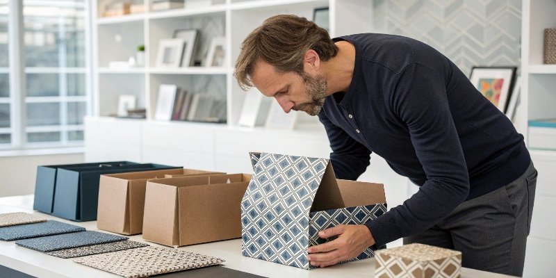 A product designer examining various print finishes on folding carton samples
