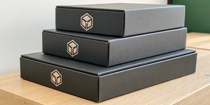 A stack of branded custom boxes with a company logo