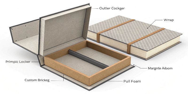 An exploded view of a book style rigid box showing its components