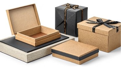 A collage showing different packaging materials like cardboard, kraft paper, and rigid board.