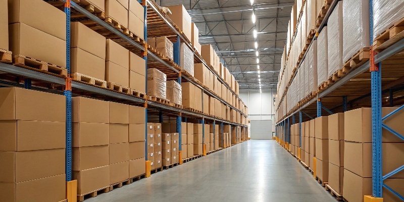 A warehouse with shelves filled with bulky, pre-assembled rigid boxes, showing the space they occupy