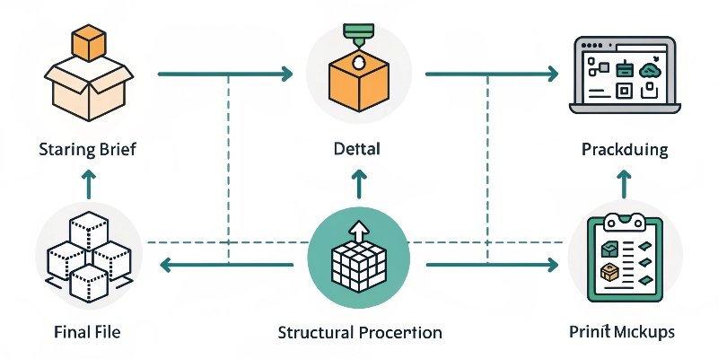 A workflow diagram showing the stages of packaging design from brief to final file.