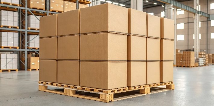 A warehouse pallet stacked high with assembled rigid boxes, illustrating the space they occupy.