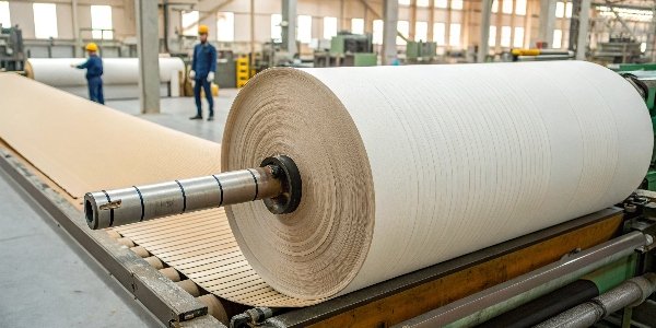 A large roll of paper being fed into a corrugator machine
