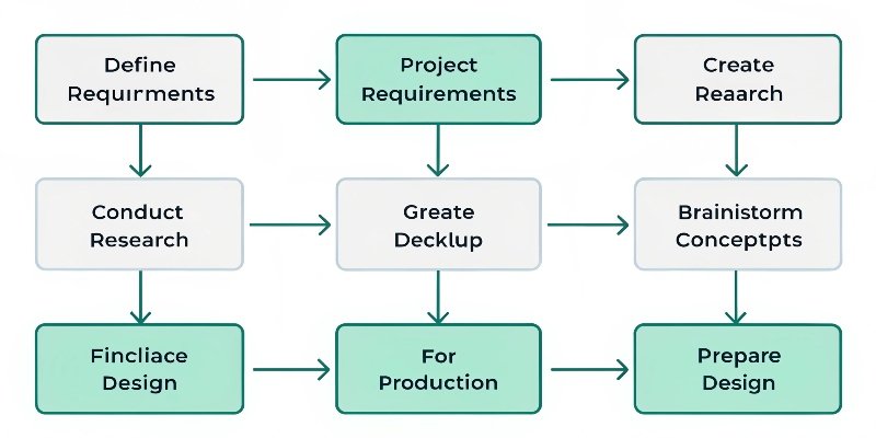 A flowchart showing the seven steps of the packaging design process