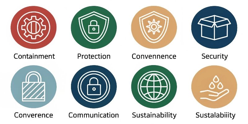 Icons representing the six requirements of packaging
