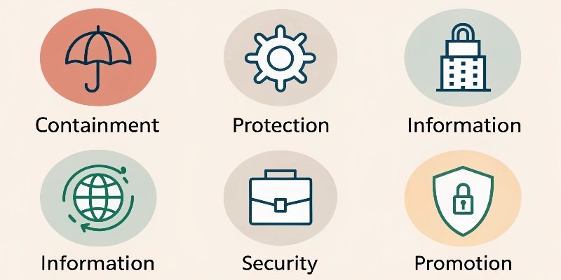 An infographic with six icons representing protection, containment, security, information, utility, and promotion