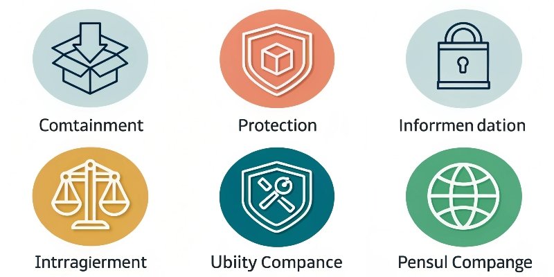 Icons representing the 6 requirements of packaging