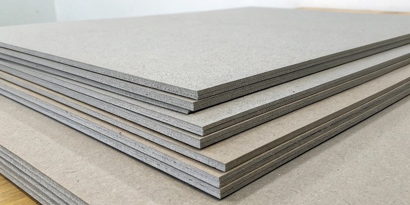 A stack of raw greyboard sheets of different thicknesses