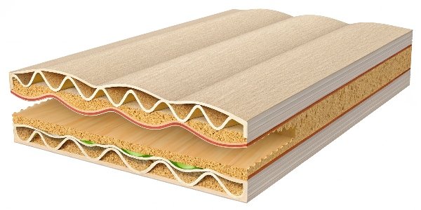 a close-up cross section of corrugated cardboard showing flutes