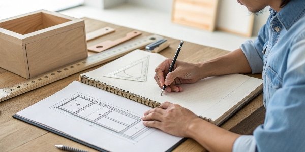 a designer sketching box dimensions on a notepad