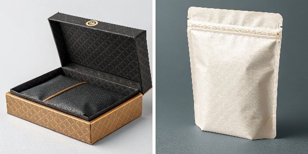 A split image showing a premium rigid box next to a cost-effective flexible pouch.