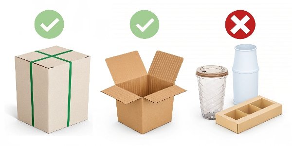 Side-by-side comparison of different packaging materials like glass, cardboard, and plastic with checkmarks and X's.