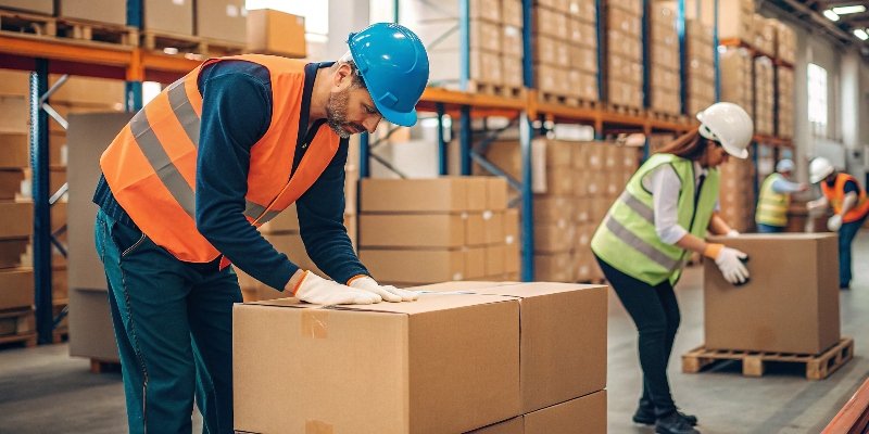Warehouse workers packing flat custom boxes into larger shipping cartons