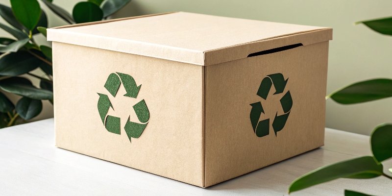 A close-up of a paper box showing a recycling symbol and the words "100% Recyclable".