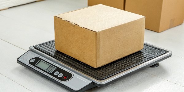 A corrugated box on a digital scale, showing its weight.