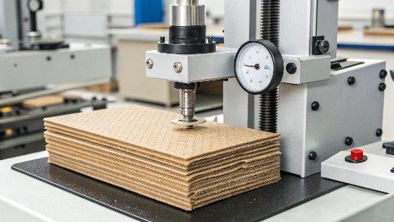 Close-up of an Edge Crush Test machine testing a piece of corrugated cardboard