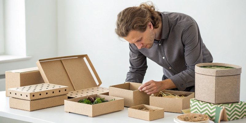 A packaging designer inspecting a variety of eco-friendly paper boxes.