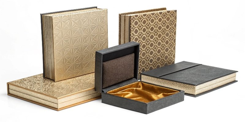 A collection of beautifully designed custom book style rigid boxes showcasing various materials and finishes.