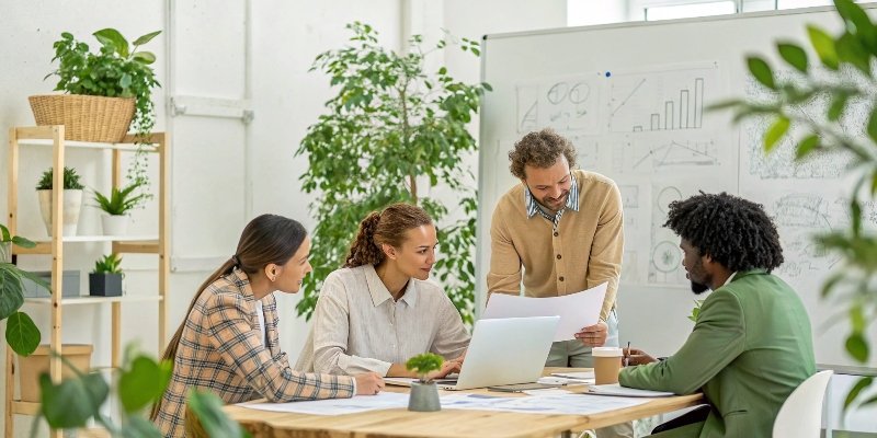 a team of professionals collaborating on a sustainable packaging project