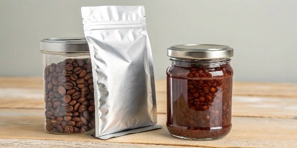 A vacuum-sealed pack of coffee beans next to a sealed glass jar of jam, both looking fresh.