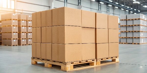 a pallet of stacked corrugated boxes in a warehouse