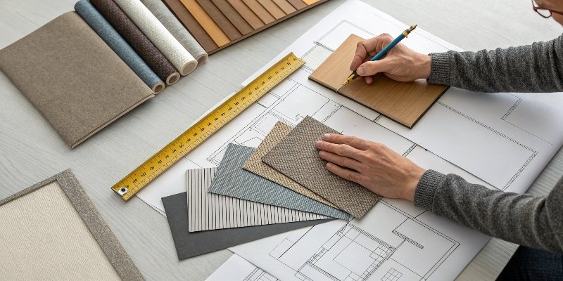 A designer choosing between different paper stocks and finishes for rigid packaging