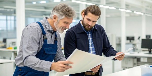 A designer and a factory manager reviewing a color proof sheet