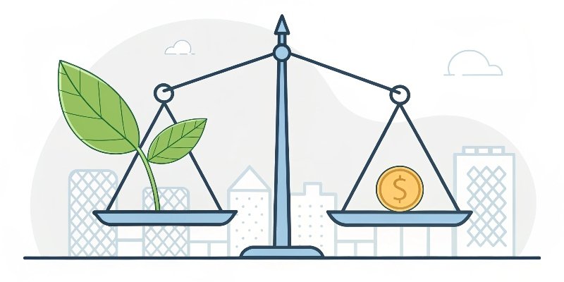 A balanced scale with a green leaf on one side and a coin on the other, representing cost and sustainability.