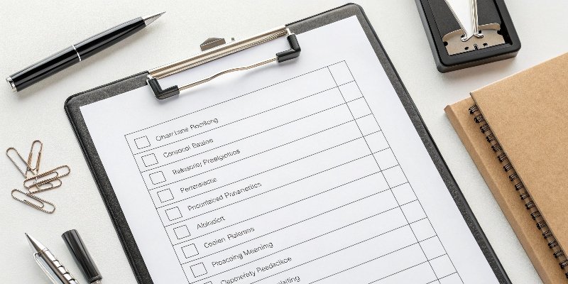 A detailed checklist for custom packaging on a clipboard.