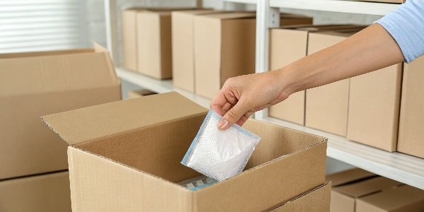 A hand placing a silica gel packet inside a cardboard box with other items