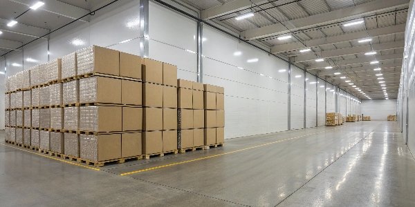 Clean, dry corrugated boxes stacked neatly on pallets in a well-lit warehouse