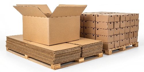 Split image showing a mailer box, a retail box, and palletized boxes