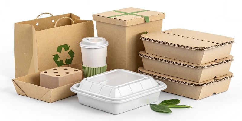 Different types of sustainable packaging solutions like right-sized boxes, reusable containers, and mono-material packaging.