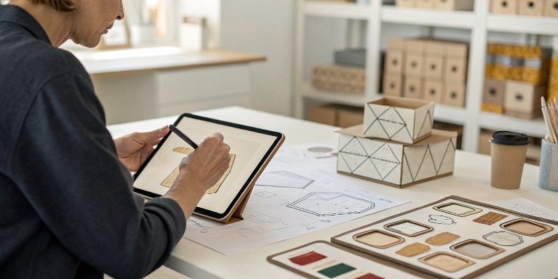 A designer sketching packaging concepts on a tablet