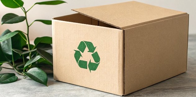 a rigid box with a green recycling symbol and an FSC-certified logo on it
