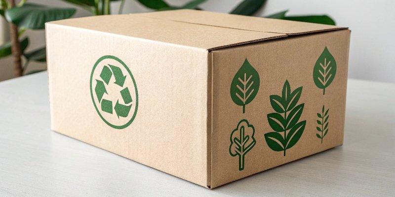 A rigid box with FSC logo and other eco-friendly symbols