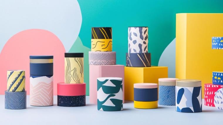 A variety of custom boxes with unique prints, shapes, and brand logos.