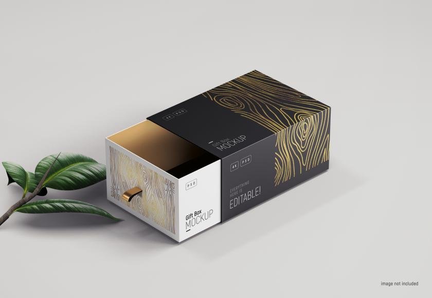 A drawer-style rigid box next to a product
