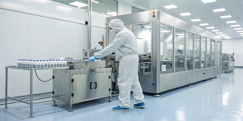 A worker in a [cleanroom environment](https://arxiv.org/pdf/2503.21221)[^12] operating packaging machinery