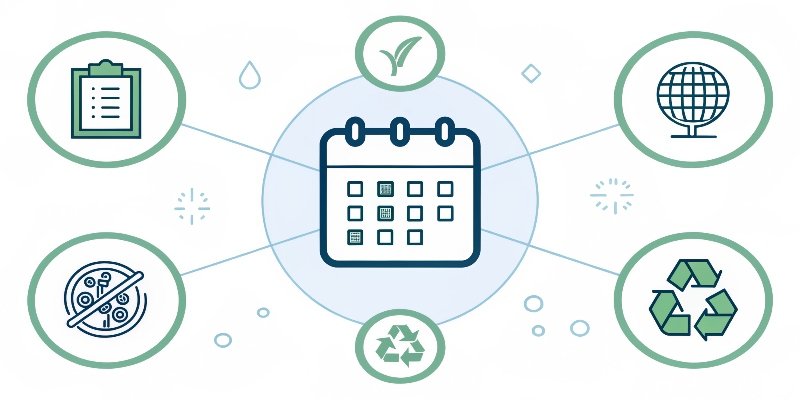 Packaging Trends to 2026 A calendar icon with the year 2026 circled, surrounded by icons representing regulations, new materials, and QR codes