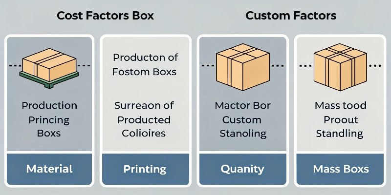 A diagram showing the different cost factors of a custom box: materials, printing, quantity, and tooling