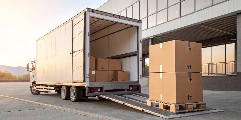 A FedEx branded box being loaded onto a truck.