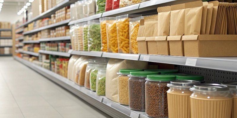 A grocery store aisle showing various food packaging types like plastic pouches, paper boxes, and glass jars