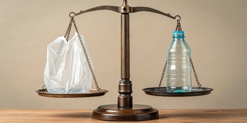 Packaging Trade-offs A balance scale weighing a glass bottle against a lightweight plastic pouch, illustrating a complex choice.