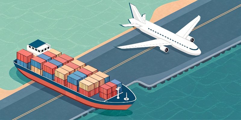 Shipping containers on a cargo ship and an airplane illustrating freight options.
