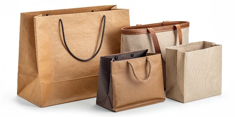 A collection of different retail shopping bags: kraft paper, glossy art paper, and a fabric tote