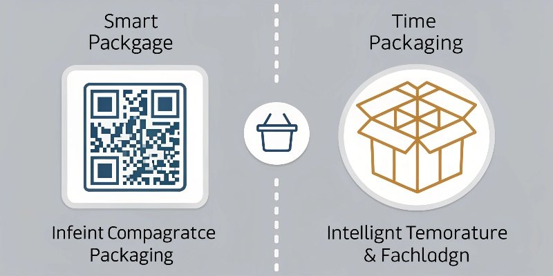 An infographic distinguishing between Smart Packaging (QR code) and Intelligent Packaging ([Time-Temperature Indicator](https://arxiv.org/html/2405.20937v1)[^12])