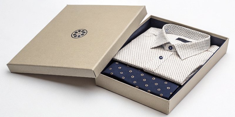 A stylish custom clothing box with a brand's logo on it