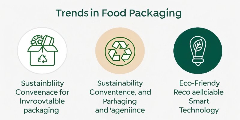 Infographic showing trends in food packaging: sustainability, convenience, and smart tech